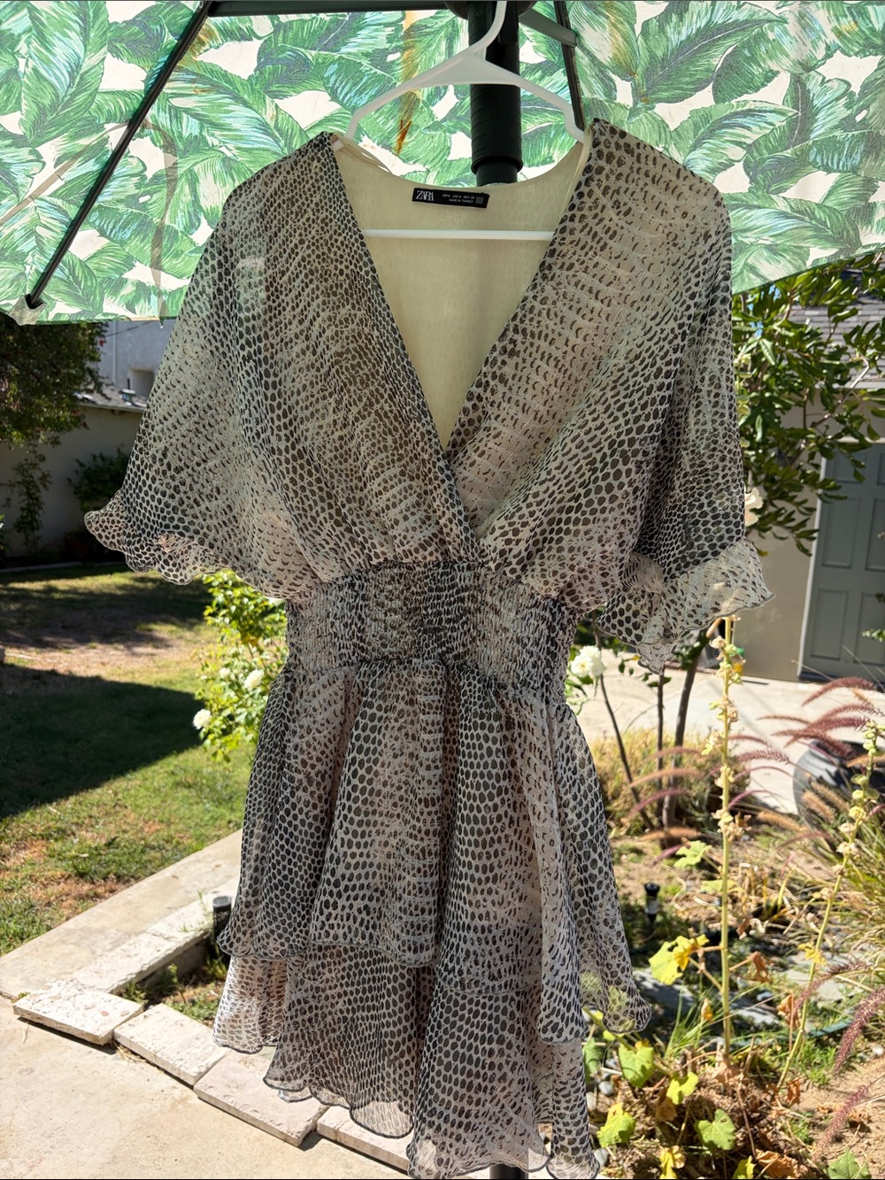 Zara Beige and Black Spot-Print Chiffon Wrap Mini Dress